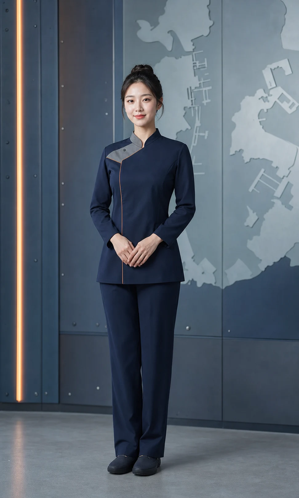 남색 전문 관리복을 입은 20대 한국인 성인 여성 마사지사 전신